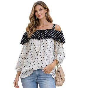 LOFT Women's XL Black White Polka Dot Off Shoulder Blouse Ruffle Top 3/4 Sleeve